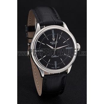 Swiss Rolex Cellini Time Silver Case Black Dial Black Leather Bracelet   622654