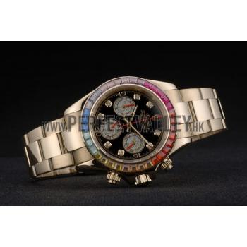 Rolex Daytona Cosmograph Rainbow Crystals Bezel Rose Gold Strap Black Dial 80251