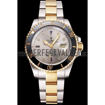 Swiss Rolex Submariner Silver Dial Diamond Markings Black Bezel Two Tone Steel Gold Bracelet