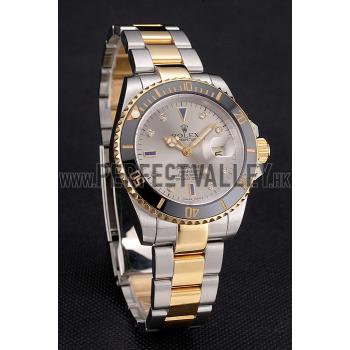 Swiss Rolex Submariner Silver Dial Diamond Markings Black Bezel Two Tone Steel Gold Bracelet