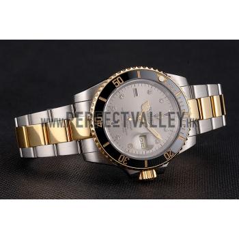 Swiss Rolex Submariner Silver Dial Diamond Markings Black Bezel Two Tone Steel Gold Bracelet