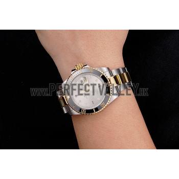 Swiss Rolex Submariner Silver Dial Diamond Markings Black Bezel Two Tone Steel Gold Bracelet