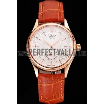 Swiss Rolex Cellini White Dial Rose Gold Case Light Brown Leather Strap