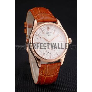 Swiss Rolex Cellini White Dial Rose Gold Case Light Brown Leather Strap