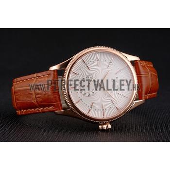 Swiss Rolex Cellini White Dial Rose Gold Case Light Brown Leather Strap