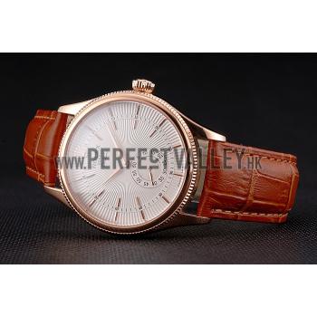 Swiss Rolex Cellini White Dial Rose Gold Case Light Brown Leather Strap