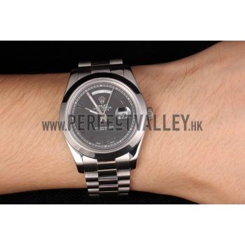 Swiss Rolex Daydate Stainless Steel Bracelet Black Dial 80294