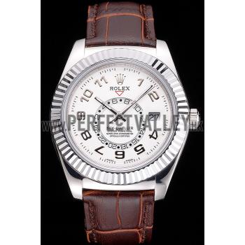 Rolex Sky Dweller White Dial Stainless Steel Case Brown Leather Strap Replica