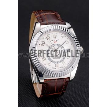 Rolex Sky Dweller White Dial Stainless Steel Case Brown Leather Strap Replica