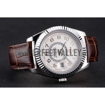 Rolex Sky Dweller White Dial Stainless Steel Case Brown Leather Strap Replica