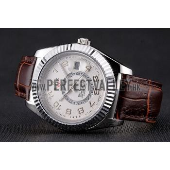 Rolex Sky Dweller White Dial Stainless Steel Case Brown Leather Strap Replica