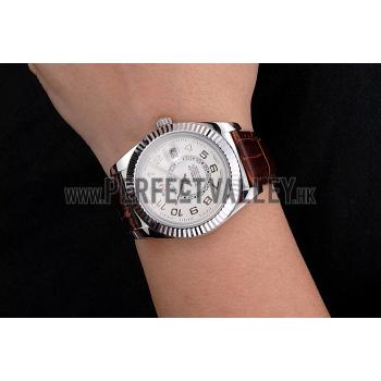 Rolex Sky Dweller White Dial Stainless Steel Case Brown Leather Strap Replica