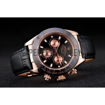 Rolex Daytona Rose Gold Case Black Dial Black Leather Strap