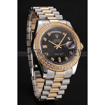 Swiss Rolex Day-Date Black Dial Gold Diamond Case Two Tone Stainless Steel Bracelet 1453976