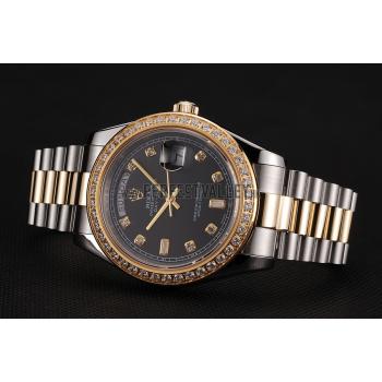 Swiss Rolex Day-Date Black Dial Gold Diamond Case Two Tone Stainless Steel Bracelet 1453976