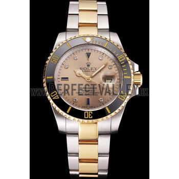 Cheap Swiss Rolex Submariner Gold Dial Diamond Markings Black Bezel Two Tone Steel Gold Bracelet