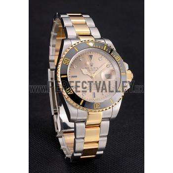 Cheap Swiss Rolex Submariner Gold Dial Diamond Markings Black Bezel Two Tone Steel Gold Bracelet