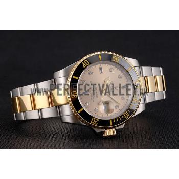 Cheap Swiss Rolex Submariner Gold Dial Diamond Markings Black Bezel Two Tone Steel Gold Bracelet