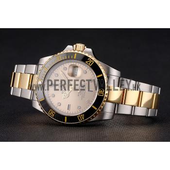 Cheap Swiss Rolex Submariner Gold Dial Diamond Markings Black Bezel Two Tone Steel Gold Bracelet