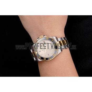 Cheap Swiss Rolex Submariner Gold Dial Diamond Markings Black Bezel Two Tone Steel Gold Bracelet