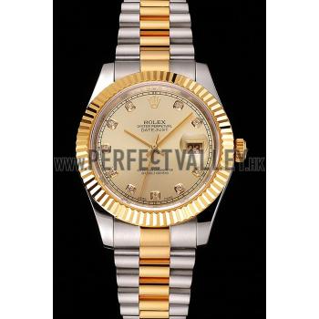 Swiss Rolex Datejust Gold Dial And Bezel Stainless Steel Case Two Tone Bracelet