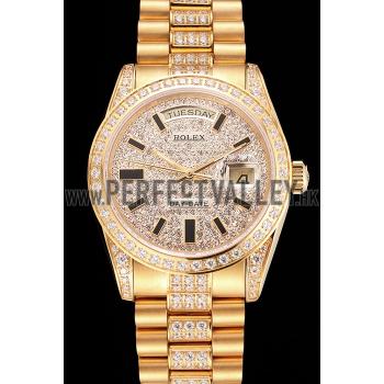 Cheap Swiss Rolex Day Date Yellow Gold Diamond Pave