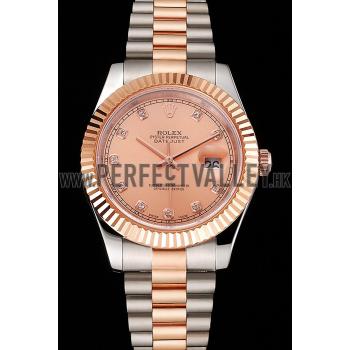 Swiss Rolex Datejust Rose Gold Dial And Bezel Stainless Steel Case Two Tone Bracelet