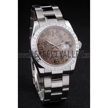 Rolex Datejust Polished Stainless Steel Brown Flowers Dial Diamond Plated