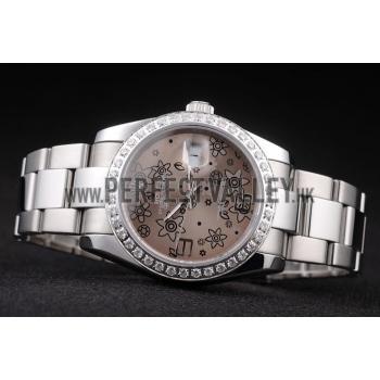 Rolex Datejust Polished Stainless Steel Brown Flowers Dial Diamond Plated