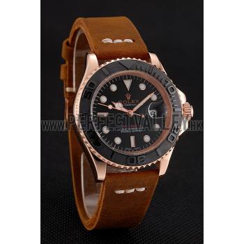 Rolex Yacht Master Black Dial Rose Gold Case Brown Leather Bracelet 1453861