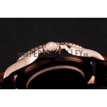 Rolex Yacht Master Black Dial Rose Gold Case Brown Leather Bracelet 1453861