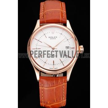 Swiss Rolex Cellini Date White Dial Rose Gold Case Brown Leather Strap Replica