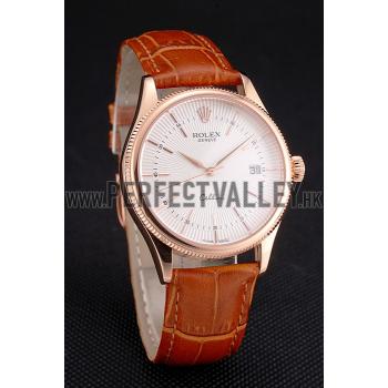 Swiss Rolex Cellini Date White Dial Rose Gold Case Brown Leather Strap Replica