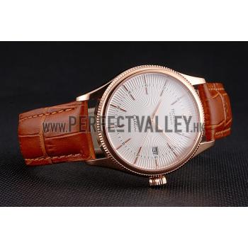 Swiss Rolex Cellini Date White Dial Rose Gold Case Brown Leather Strap Replica