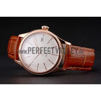 Swiss Rolex Cellini Date White Dial Rose Gold Case Brown Leather Strap Replica