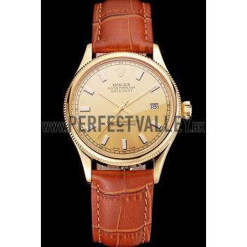 Swiss Rolex Datejust Gold Dial Gold Case Light Brown Leather Strap