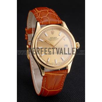 Swiss Rolex Datejust Gold Dial Gold Case Light Brown Leather Strap