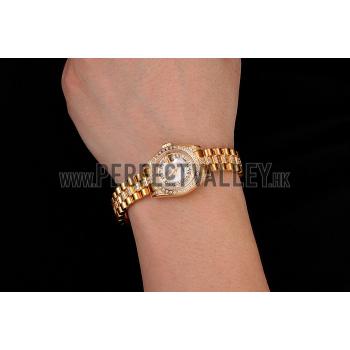 Swiss Rolex DayJust Diamond Pave White Dial Gold Diamond Bracelet 1453957