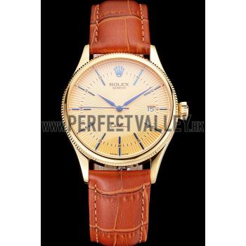 Replica Swiss Rolex Cellini Date Gold Guilloche Dial Gold Case Light Brown Leather Strap