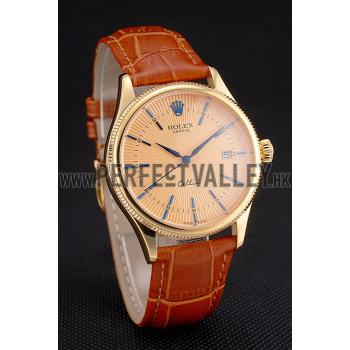 Replica Swiss Rolex Cellini Date Gold Guilloche Dial Gold Case Light Brown Leather Strap