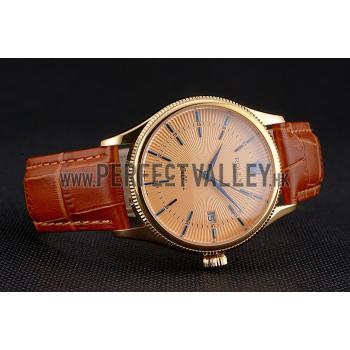 Replica Swiss Rolex Cellini Date Gold Guilloche Dial Gold Case Light Brown Leather Strap