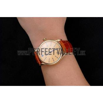 Replica Swiss Rolex Cellini Date Gold Guilloche Dial Gold Case Light Brown Leather Strap