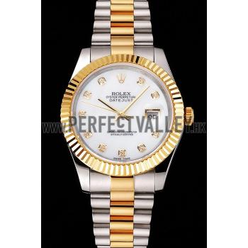 Replica Swiss Rolex Datejust White Dial Diamond Hour Marks Gold Bezel Stainless Steel Case Two Tone Bracelet