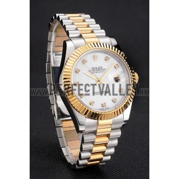 Replica Swiss Rolex Datejust White Dial Diamond Hour Marks Gold Bezel Stainless Steel Case Two Tone Bracelet