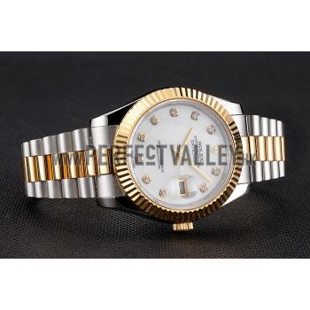 Replica Swiss Rolex Datejust White Dial Diamond Hour Marks Gold Bezel Stainless Steel Case Two Tone Bracelet