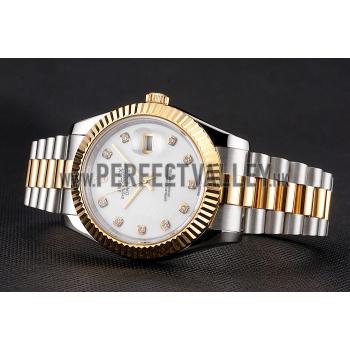 Replica Swiss Rolex Datejust White Dial Diamond Hour Marks Gold Bezel Stainless Steel Case Two Tone Bracelet