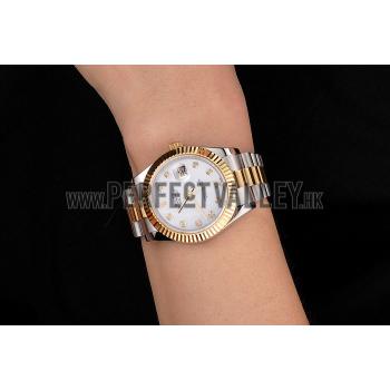 Replica Swiss Rolex Datejust White Dial Diamond Hour Marks Gold Bezel Stainless Steel Case Two Tone Bracelet