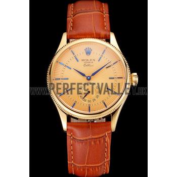 Swiss Rolex Cellini Gold Dial Blue Markings Gold Case Light Brown Leather Strap