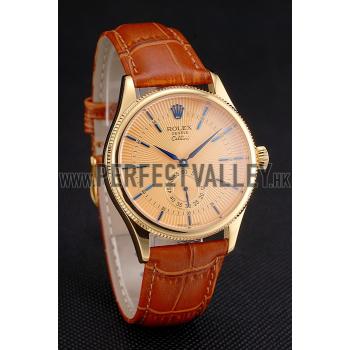 Swiss Rolex Cellini Gold Dial Blue Markings Gold Case Light Brown Leather Strap