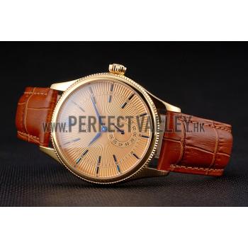 Swiss Rolex Cellini Gold Dial Blue Markings Gold Case Light Brown Leather Strap